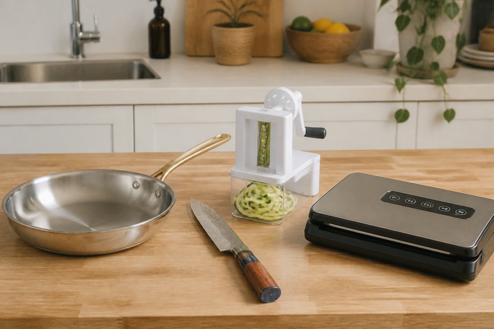 Poêle, couteau japonais et accessoires de boutique cuisine sur un plan de travail en bois clair.