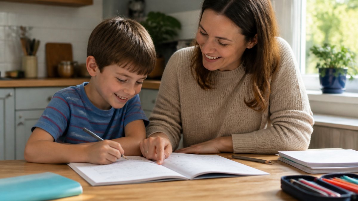Parent and 8-year-old child sitting together at a kitchen table with a maths workbook open between them, both smiling and engaged, with warm natural light streaming through a nearby window and a relaxed, comfortable home setting