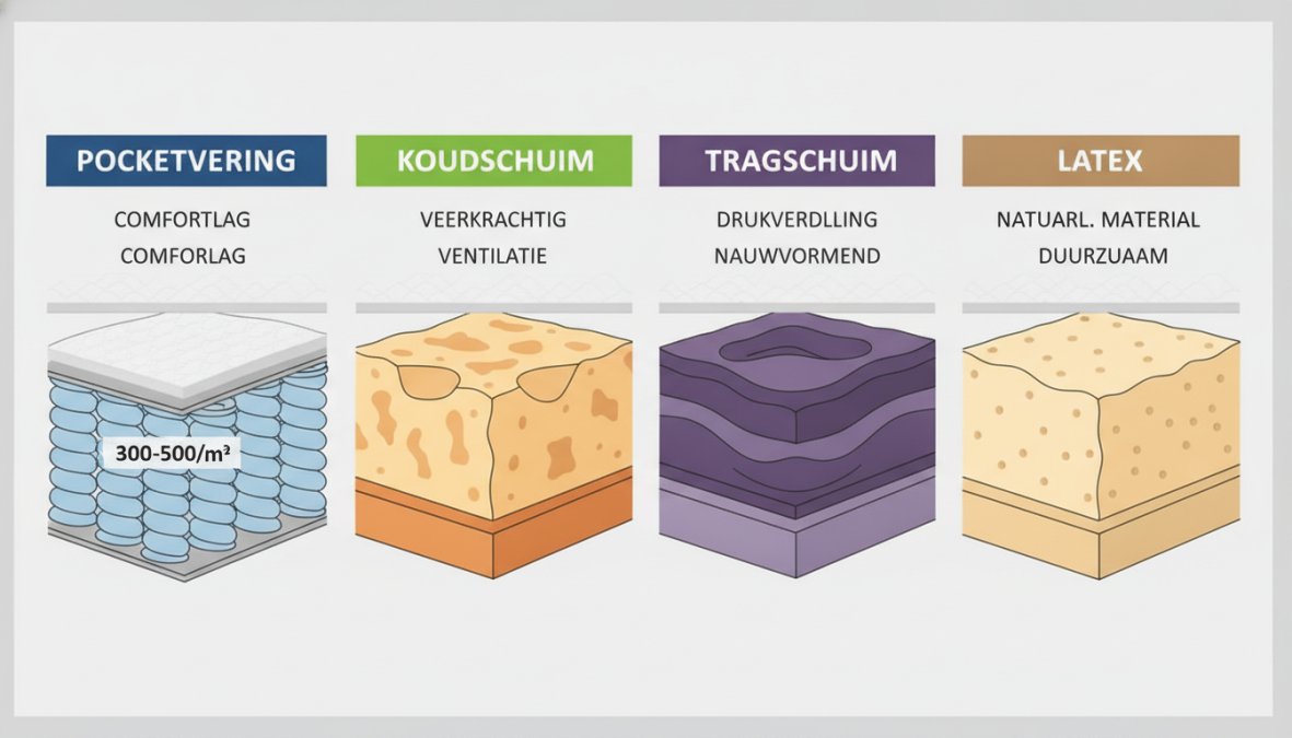 Infographic met een dwarsdoorsnede van diverse matrastypes zoals pocketvering en koudschuim voor wie een matras kopen wil.