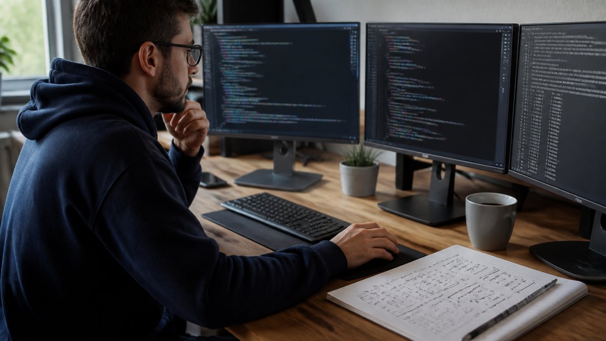 Professional developer working at desk with multiple monitors displaying Python code, NumPy arrays, and terminal output with linear algebra notebook visible
