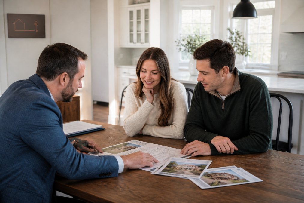 A real estate agent and a couple reviewing property brochures and a comparison sheet at a kitchen table in a bright Charleston home, morning light through the windows