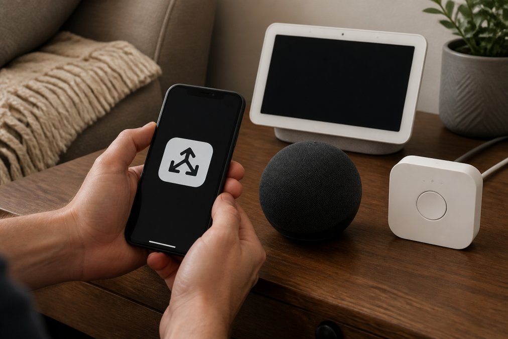 Hands holding a smartphone displaying Matter setup interface with a Google Nest Hub, Amazon Echo, and Philips Hue Bridge visible on a wooden table with warm ambient lighting