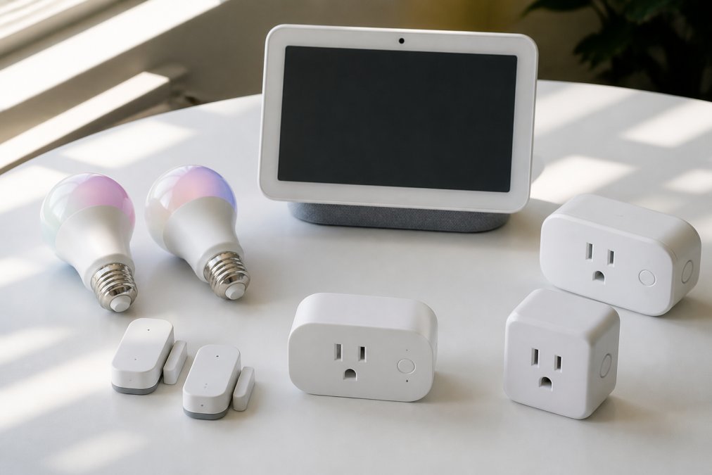 Flat lay of Matter-compatible smart home devices including Nanoleaf Essentials color bulbs, Eve Energy smart plugs, TP-Link Tapo plugs, Aqara door sensors, and a Google Nest Hub arranged on a clean white surface with natural window lighting