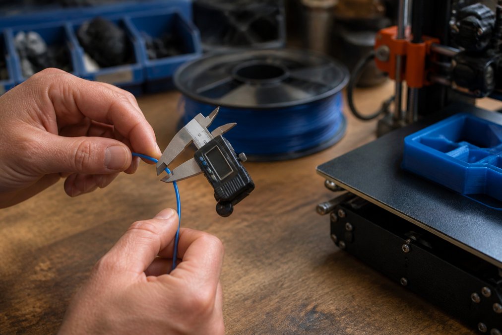 Close-up of a person's hands holding digital calipers against a strand of 3D printer filament beside a partially printed model on a workbench