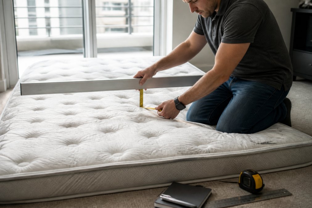 Person measuring mattress sagging with a straight edge for a mattress warranty claim