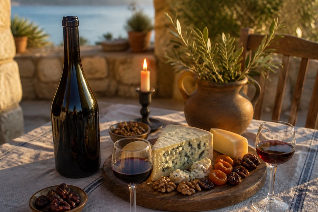Elegantes Tischsetting mit einer Flasche dunklem griechischem Dessertwein, einem Käsebrett mit Blauschimmelkäse und Walnüssen, getrockneten Früchten und einer brennenden Kerze im Hintergrund, mediterrane Atmosphäre