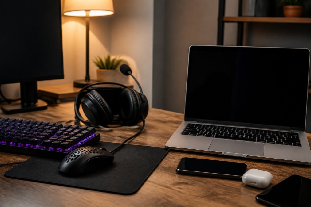A gamer's desk setup with a mechanical keyboard, gaming mouse, and headset arranged next to a laptop showing an online store page, shot in warm indoor lighting