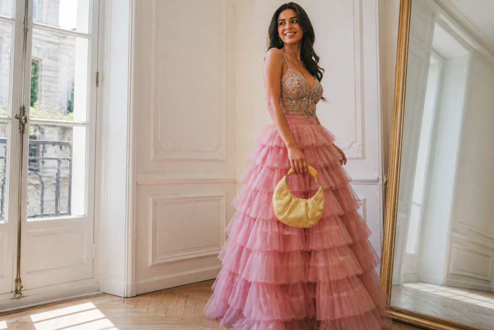 A woman wearing a cascading pink tiered tulle skirt paired with a fitted embellished top, standing confidently in a bright white-walled room with natural daylight streaming in from a large window, the layers of the skirt catching the light