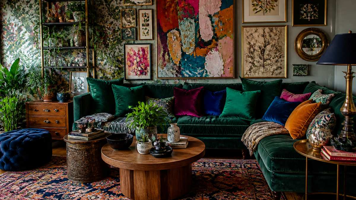 Living room with jewel-toned velvet pillows, botanical wallpaper, and a vibrant patterned area rug.