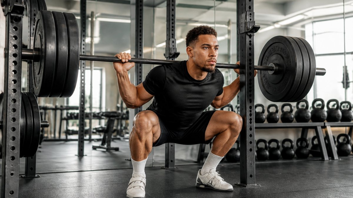 Athlete performing barbell squat with proper form in modern gym facility, focused expression, bright overhead lighting and mirrors in background