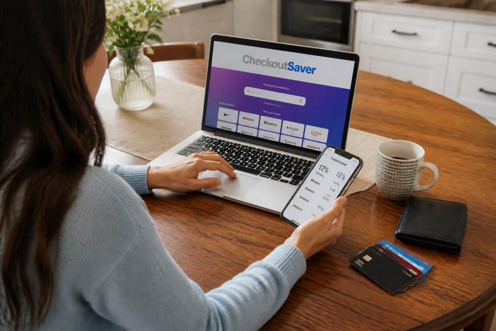 Person sitting at a kitchen table with a laptop open to a cashback portal, a smartphone showing a cashback app, and a wallet with several credit cards spread out nearby, planning a shopping trip in warm natural light