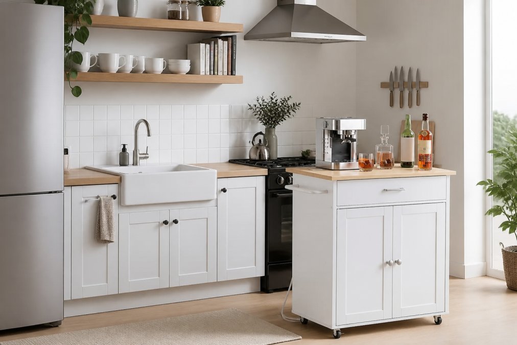 Minimalist Scandinavian-style kitchen with floating shelves mounted above the sink area, displaying white ceramic mugs and cookbooks, a wall-mounted magnetic knife strip beside the stove, and organized vertical storage with decorative items and cooking essentials