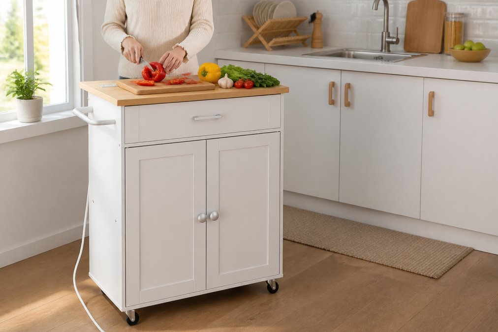 Small apartment kitchen with a wooden butcher block kitchen island cart rolled beside the main counter, showing fresh vegetables and a cutting board with prep work in progress, morning natural light streaming through a window