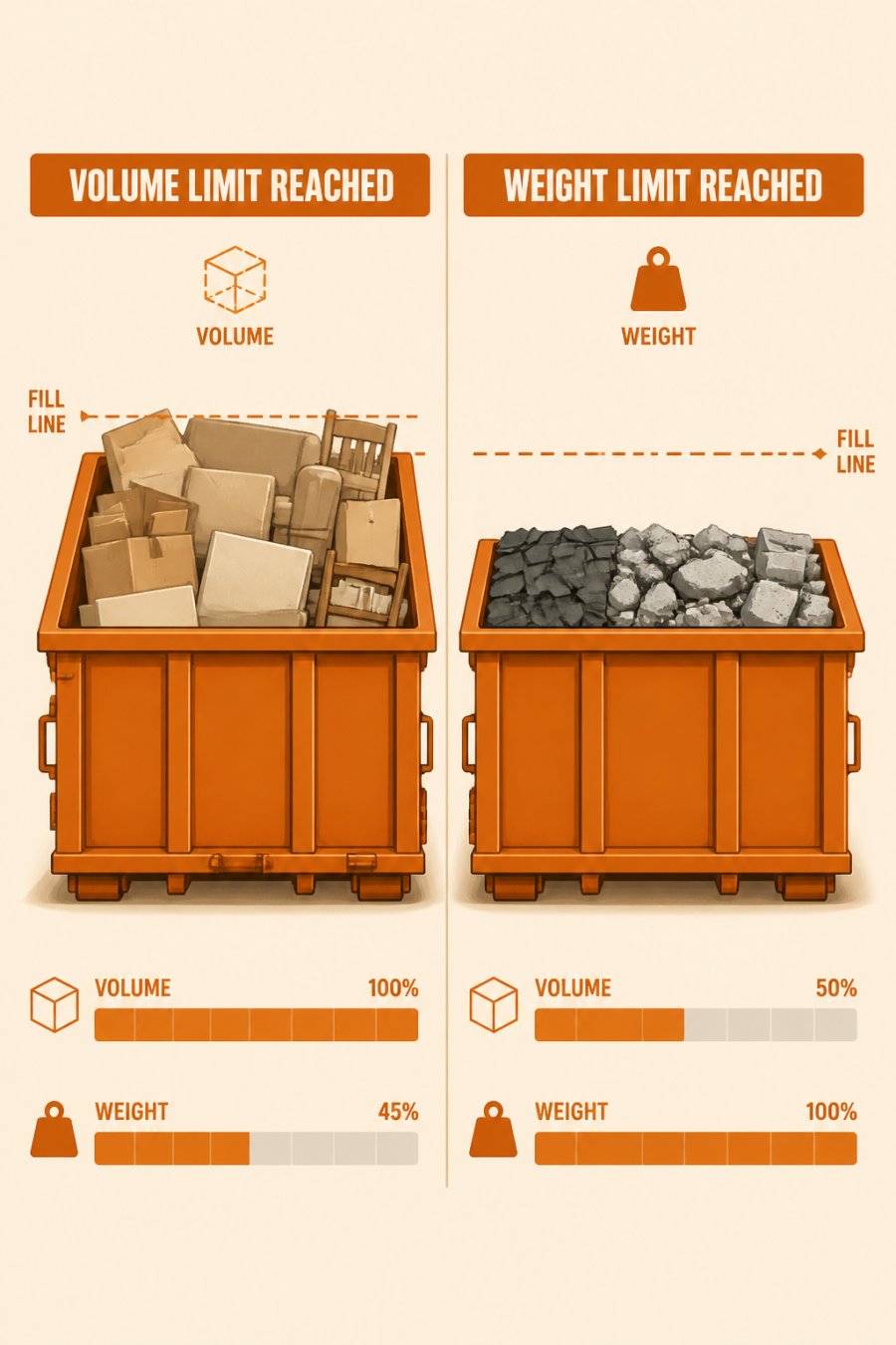Side-by-side diagram of two roll-off dumpsters: the left one filled to the fill line with light bulky cardboard and furniture, the right one half-full by volume but sitting at its weight limit with heavy shingles and concrete, labeled "Volume limit reached" and "Weight limit reached"