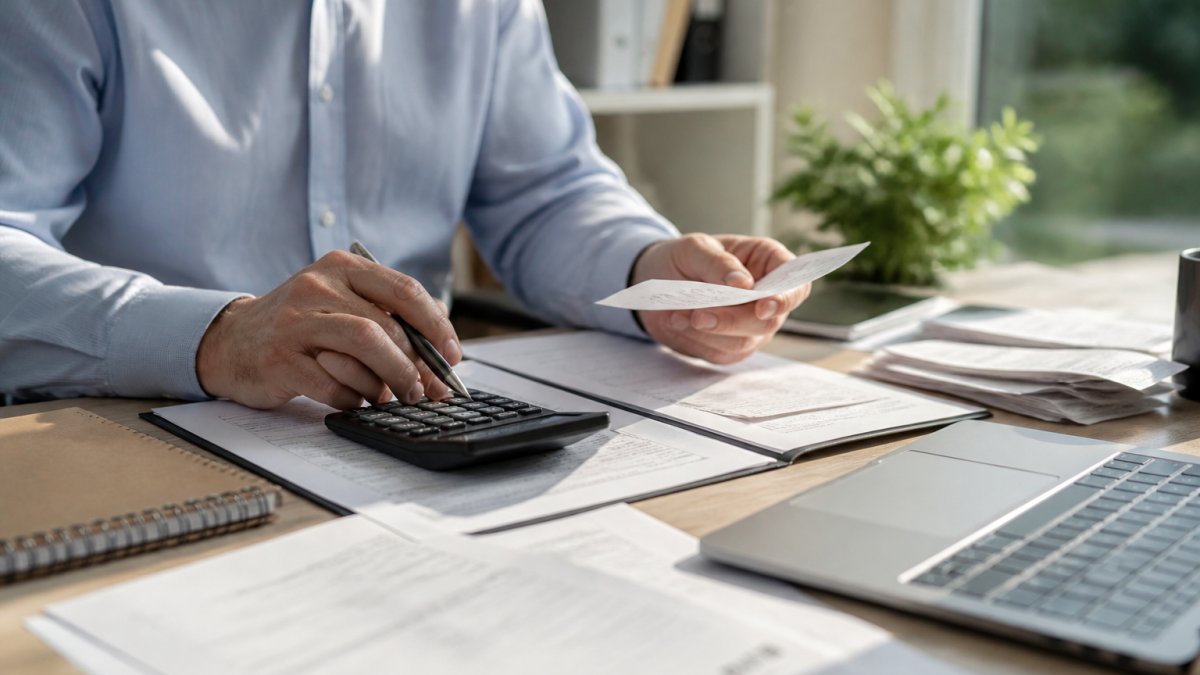 Professional reviewing documents and receipts to claim energy efficiency tax deductions at a modern office desk