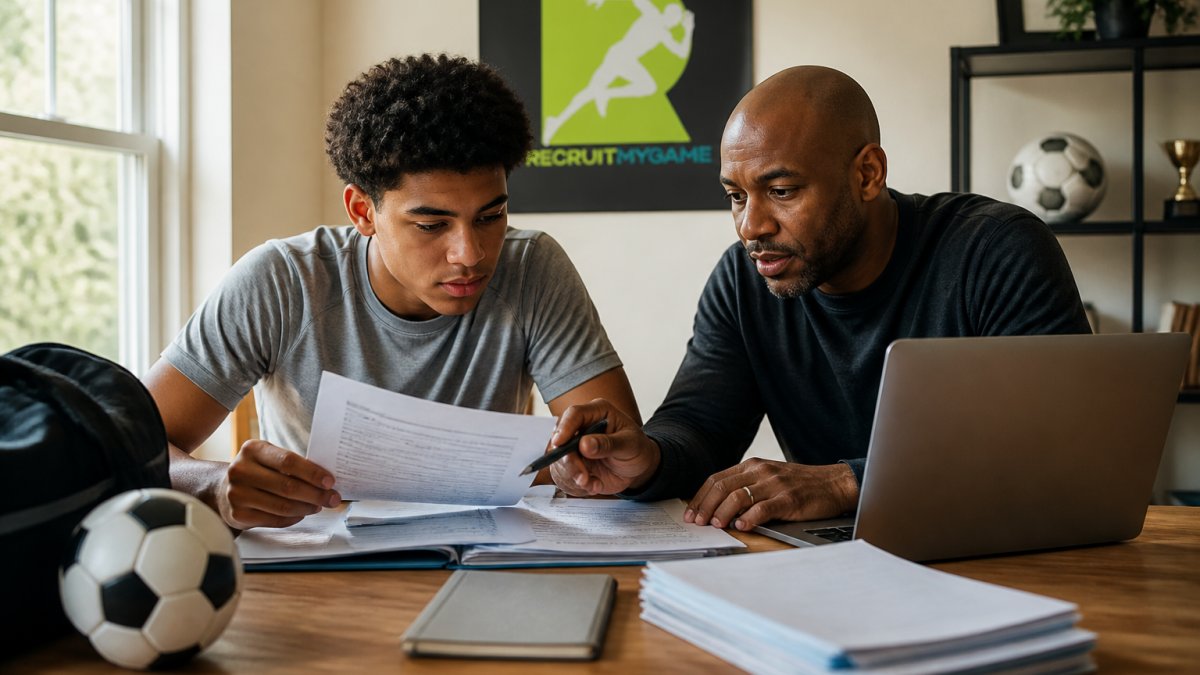 Student-athlete sitting at desk with laptop and financial documents, reviewing scholarship offers with parent or counselor nearby, natural window lighting, focused and engaged