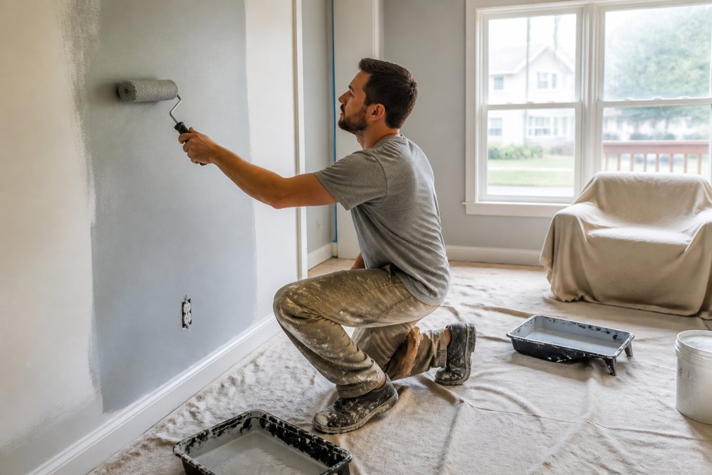 A homeowner rolling fresh light gray paint onto an interior living room wall, drop cloths and paint trays on the floor, bright afternoon light through a large window