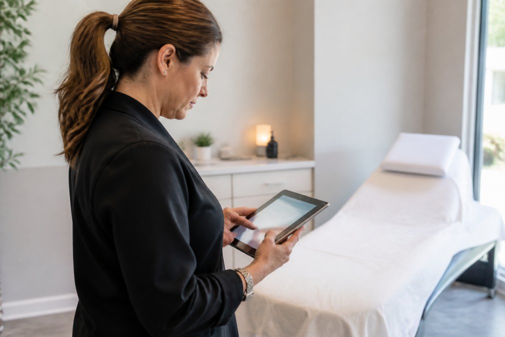 A wellness clinic manager reviewing a digital scheduling screen on a tablet while standing in a clean, modern treatment room with a treatment bed visible in the background