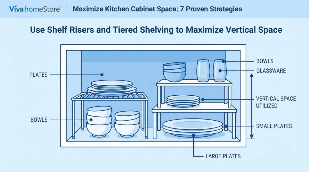 Close-up of organized kitchen cabinet with white shelf risers creating double-stacked storage, showing plates, bowls, and glassware neatly arranged on different levels in natural kitchen lighting
