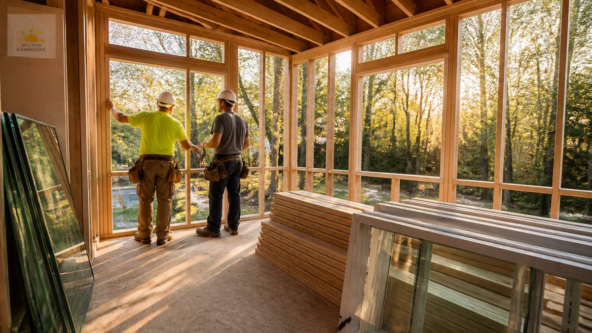 Workers checking window frames in a sunroom under construction with natural light streaming through openings.