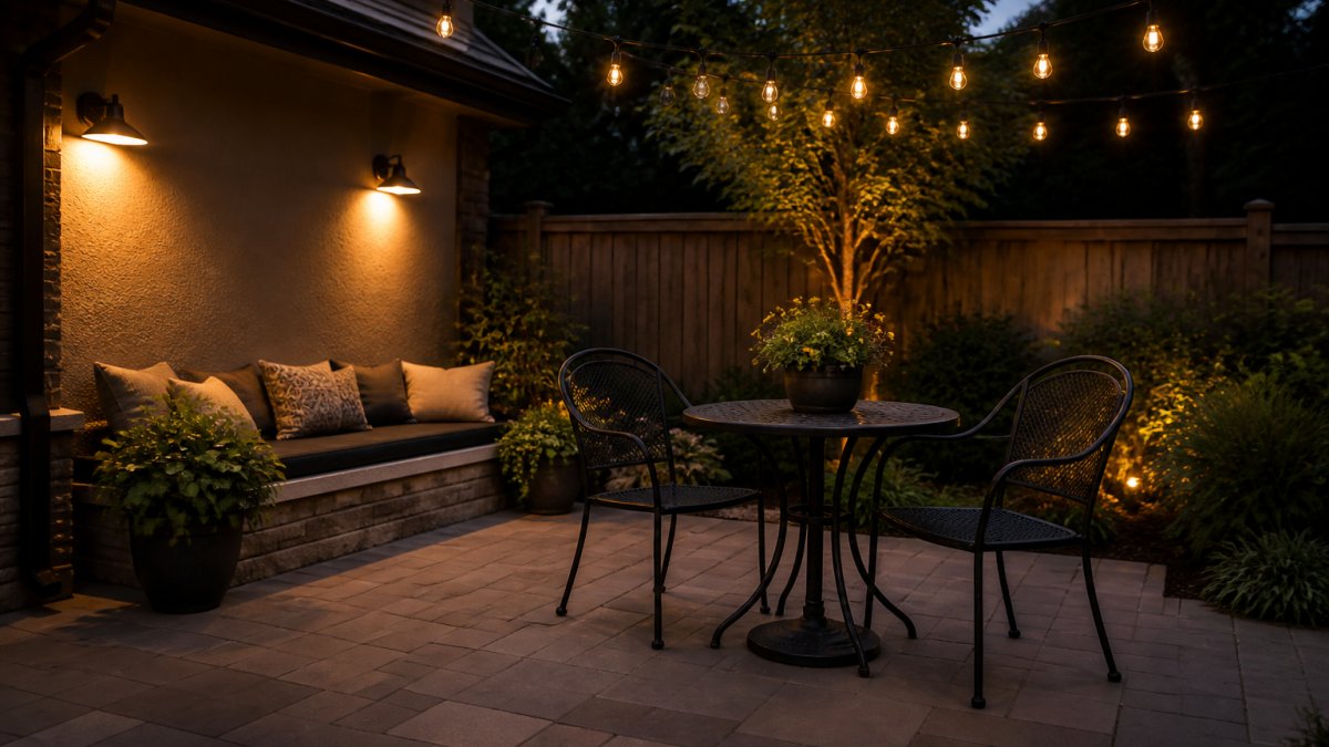 A cozy small patio at dusk with warm wall-mounted lights glowing above a built-in bench, a bistro table and two chairs set on the open pavers, string lights overhead