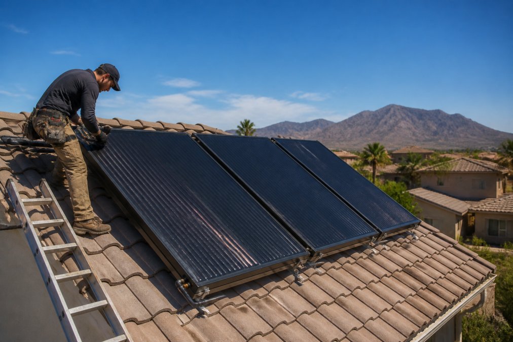 A professional solar pool heating technician in work clothes mounting Heliocol solar collector panels on a residential roof, with a ladder and tools visible, sunny day in a suburban neighborhood
