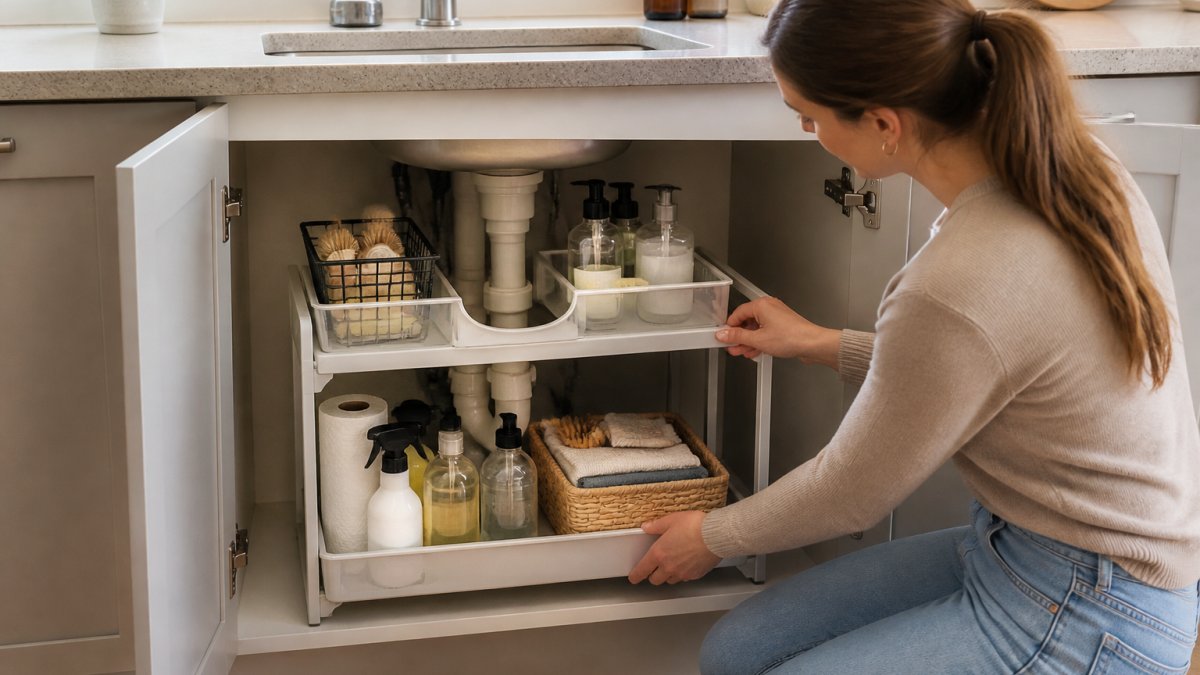 A person kneeling in front of an open under-sink cabinet, adjusting a two-tiered organizer around a curved pipe, with cleaning supplies and baskets visible on shelves