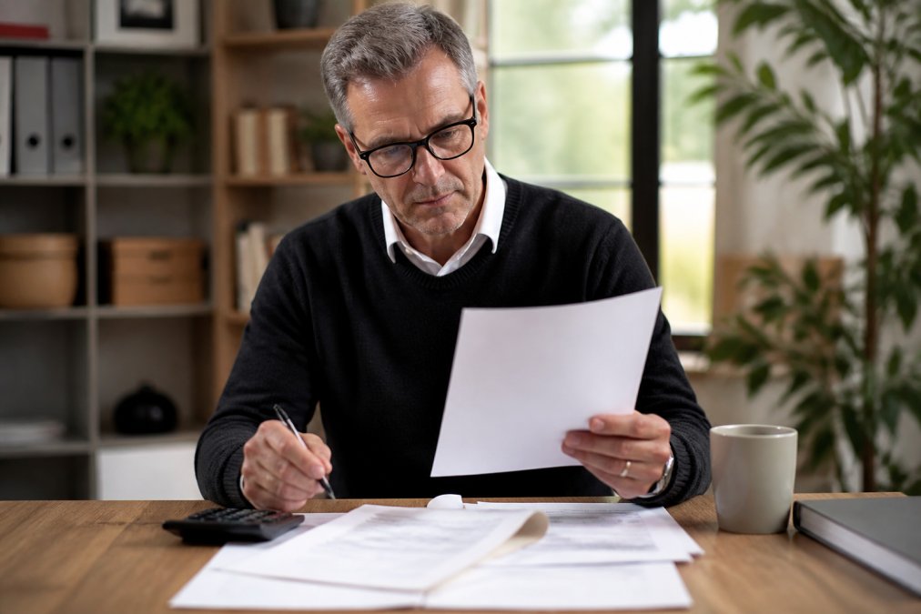 Mature professional in business casual attire reviewing retirement planning documents at a desk with a calculator and coffee, appearing focused and confident in a bright office setting