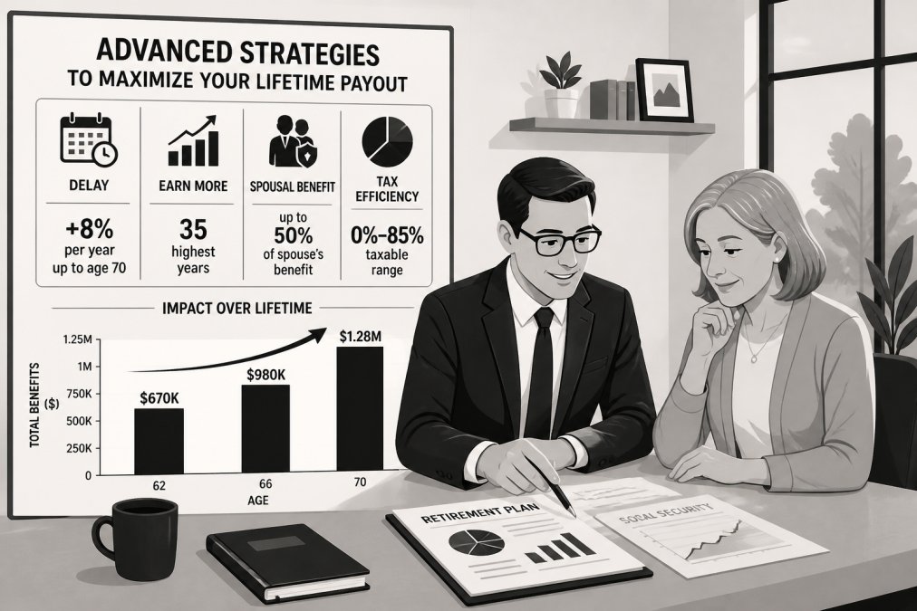 Financial advisor and client reviewing retirement planning documents together at a table in a professional office with natural lighting, both appearing engaged in detailed discussion
