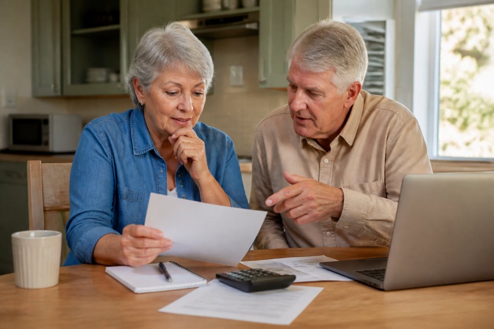 Mature couple sitting at a kitchen table with retirement documents, calculator, and laptop, discussing their Social Security strategy together, natural afternoon light coming through the window
