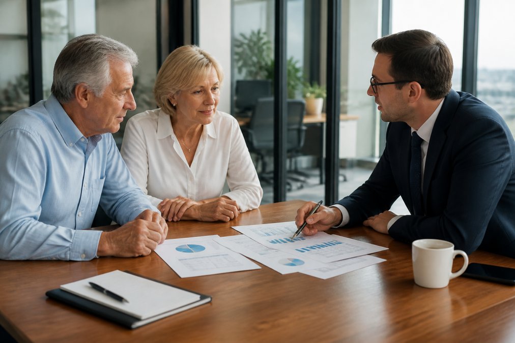 Financial advisor meeting with a married couple in a modern office setting, reviewing retirement income projections and benefit statements on a computer screen, morning natural light from large windows