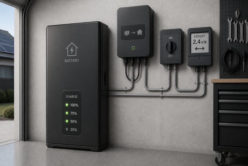 Close-up of a home battery storage unit installed in a garage with LED indicator lights showing charge status, modern utility room setting with concrete walls and professional electrical connections