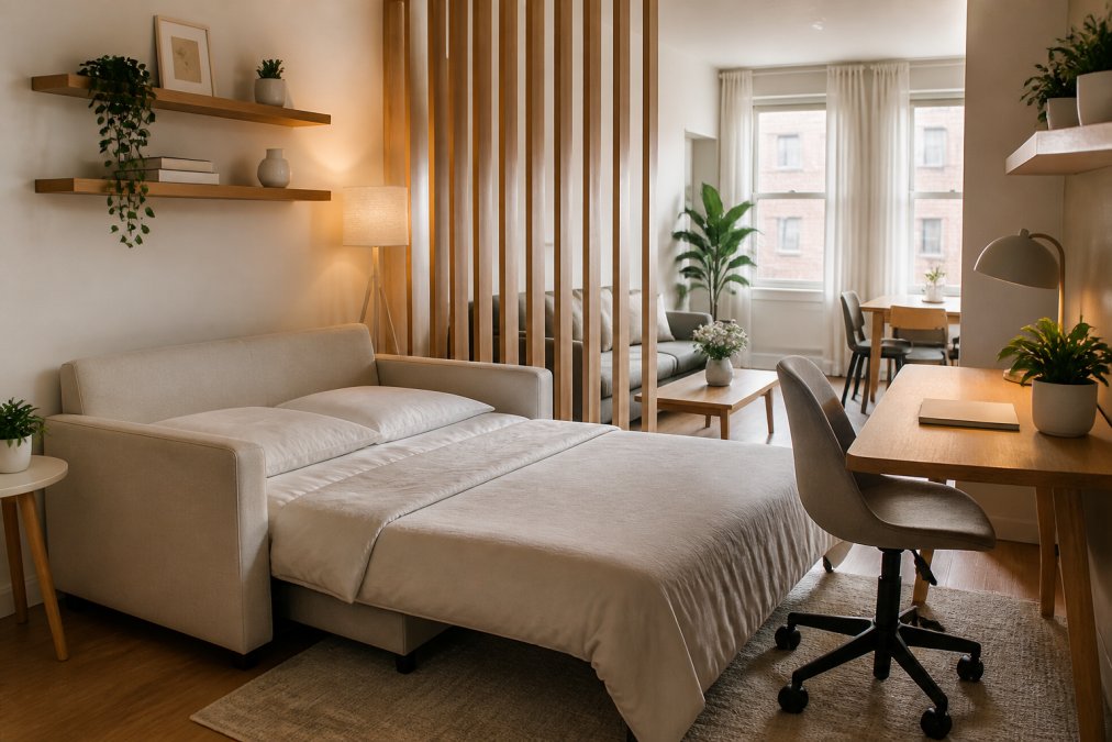 Maximize Space in a One-Bedroom Rental: 7 Proven Tips 2 Modern one-bedroom apartment interior featuring a fold-out sofa bed with neutral upholstery, compact desk with rolling chair, and a decorative room divider creating distinct living and work zones, with warm natural light from windows illuminating light-colored walls and floating shelves