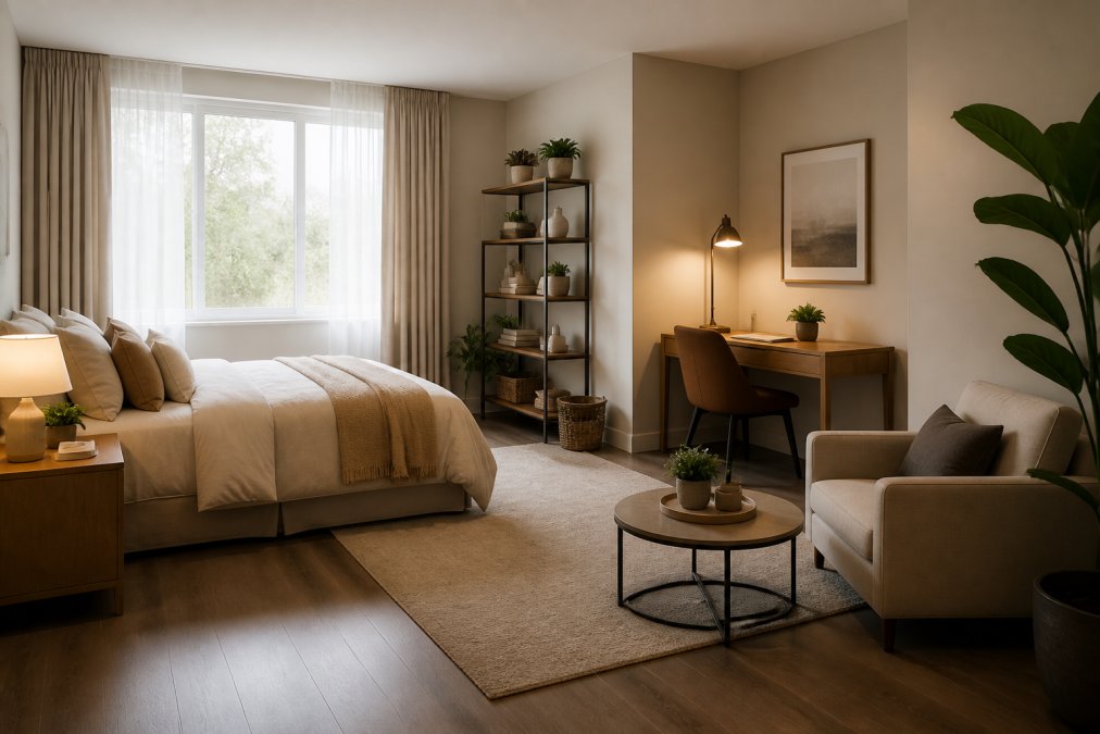 Maximize Space in a One-Bedroom Rental: 7 Proven Tips 3 Thoughtfully arranged small bedroom with a bed positioned to define a sleeping zone, a compact desk in the corner with task lighting creating a work zone, an area rug anchoring a seating nook with a comfortable chair, vertical shelving, and warm neutral color palette of soft beiges and taupes with natural window light