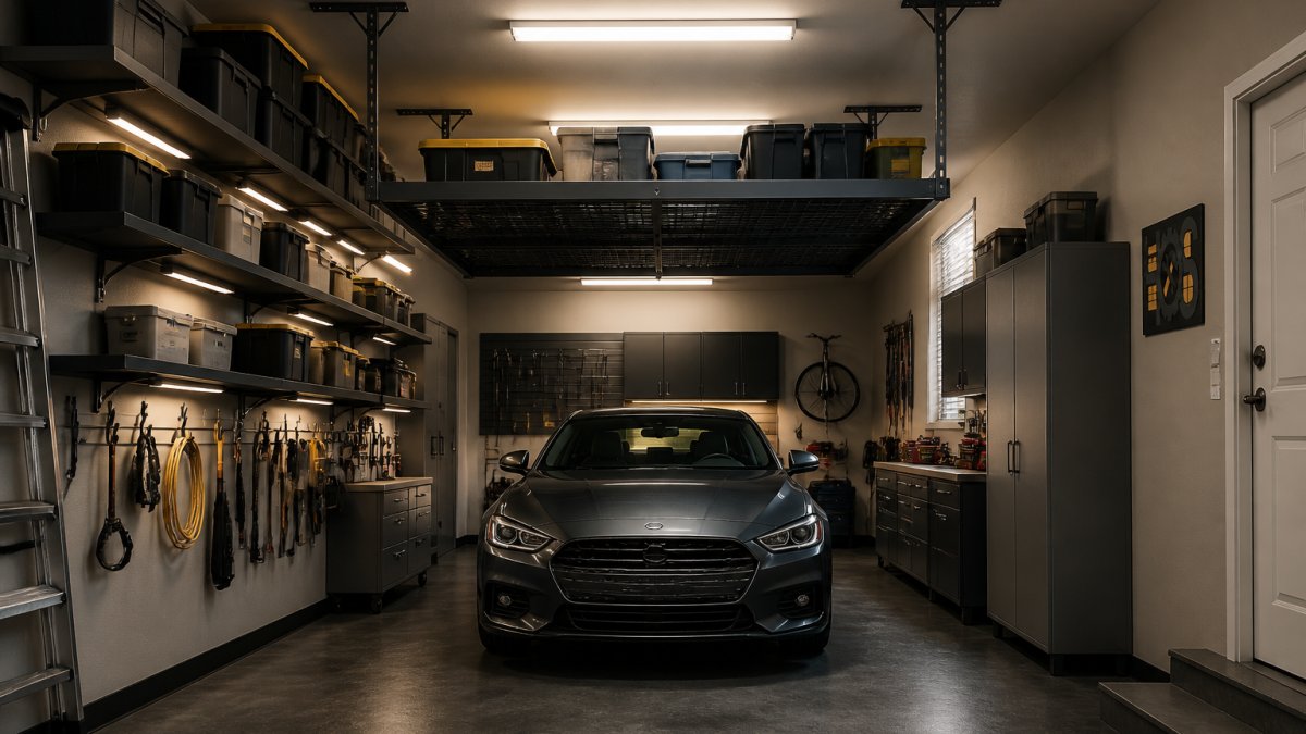 Organized one-car garage featuring wall-mounted shelving and an overhead storage lift above the parked vehicle