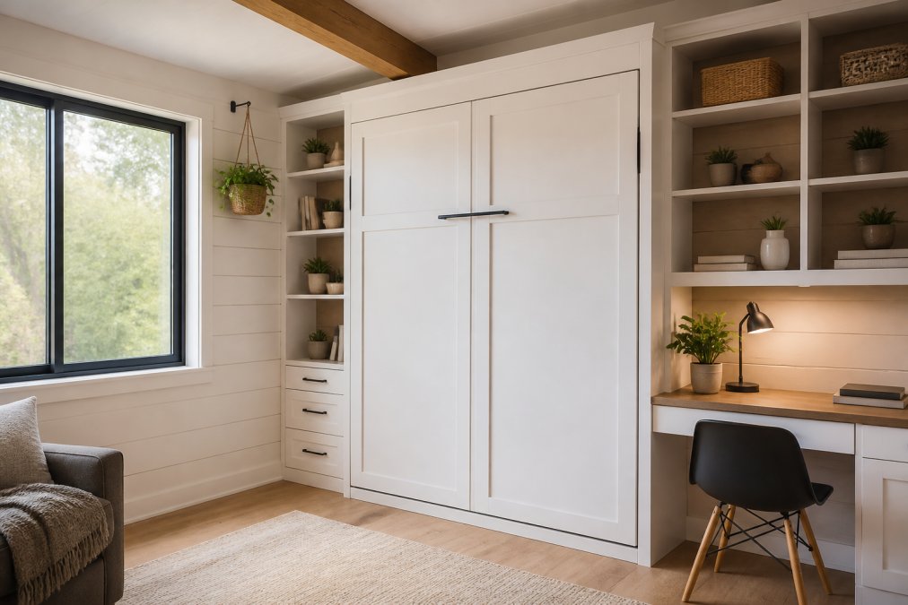 Modern tiny home bedroom with wall bed folded up against wall, built-in cabinetry and shelving units visible above and beside the bed frame, desk integrated into lower cabinet section, natural light from window