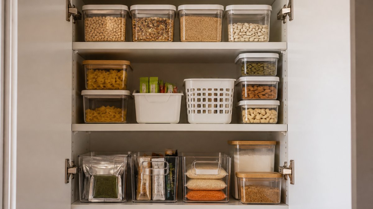 Professional organizing tiny apartment kitchen cabinet with clear labeled storage bins, adjustable shelving, and neatly stacked containers showing maximum storage efficiency