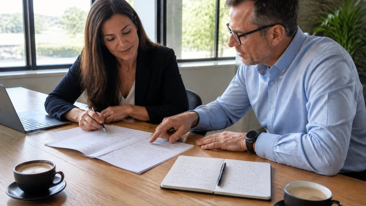 A business owner and coach reviewing a printed agenda and handwritten notes at a wooden table with an open laptop and two coffee cups, bright morning light through office windows