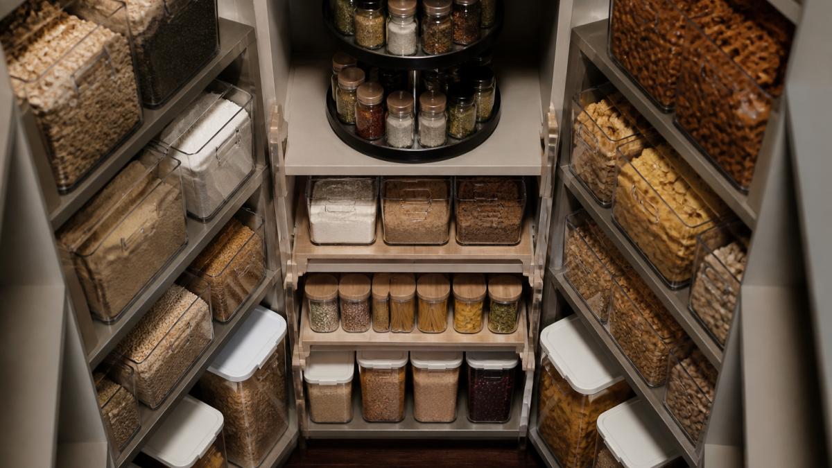 Overhead view of an organized deep pantry showing multiple shelf levels with clear stackable bins labeled by category (Grains, Snacks, Baking), tiered shelf risers creating visible storage tiers, a double-layer rotating lazy Susan with spice jars at the back, and neat rows of food storage containers