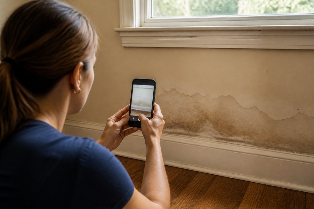 Homeowner photographing water damage on drywall with smartphone, showing close-up of moisture staining and damage patterns in natural light