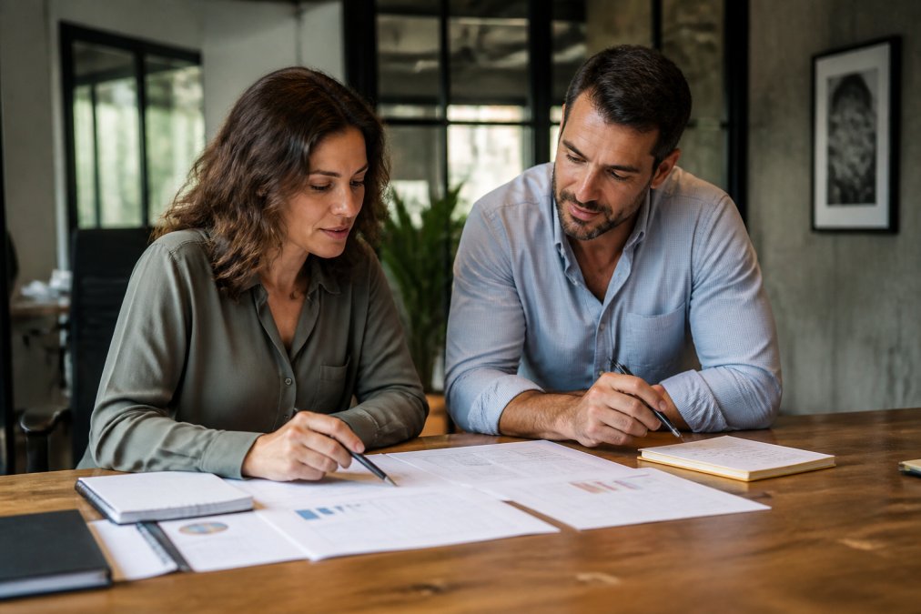 Fractional CMO and business owner reviewing strategic marketing plans and KPI dashboards on laptop in modern office with notepads and planning documents visible on desk