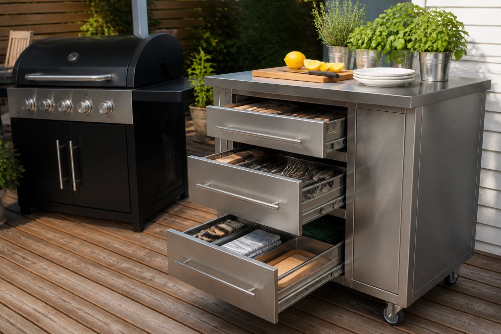 Stainless steel outdoor kitchen cart with open drawers holding cooking tools near a grill on a wooden deck