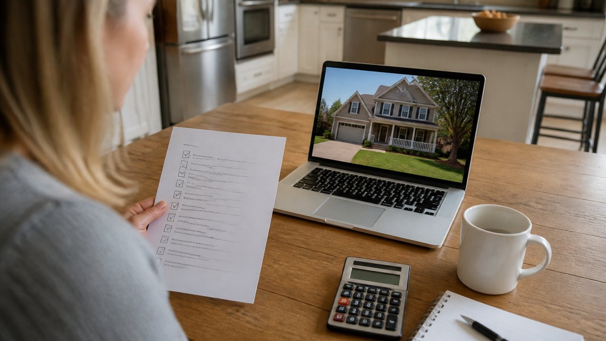 A homeowner reviewing a printed checklist at a kitchen table with a laptop showing a real estate listing, calculator, and coffee mug nearby in a bright home office