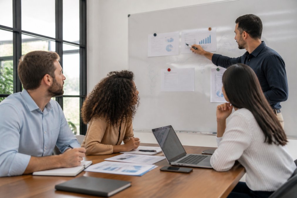 Professional business team collaborating around a conference table, reviewing marketing performance metrics displayed on a whiteboard and laptop screen in a modern office with natural light