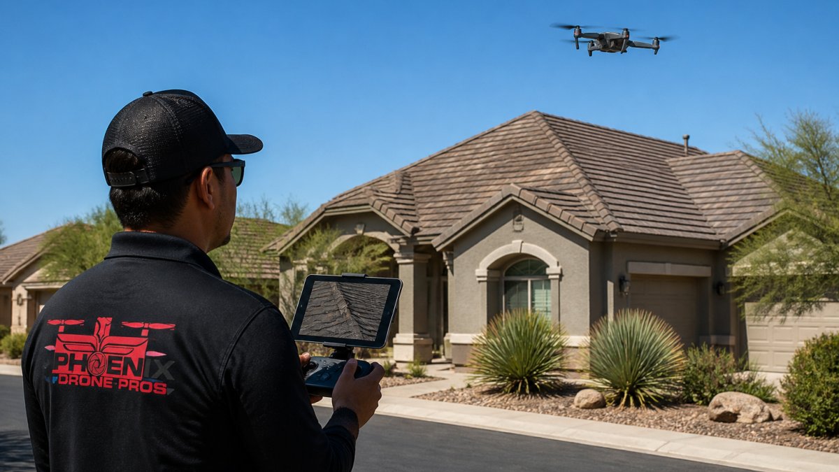 A licensed drone pilot standing on a residential street, controller in hand, with a quadcopter hovering above a steep shingle roof in clear desert sunlight, capturing close-up roof imagery on a tablet screen