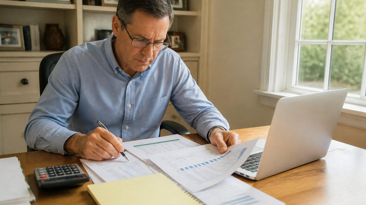 Professional reviewing retirement planning documents and spreadsheets at home office desk with calculator, notepad, and laptop showing Social Security estimates