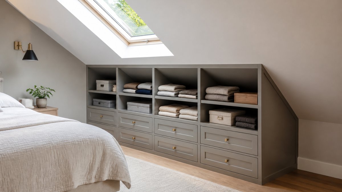 Bespoke loft wardrobes and drawers built into the eaves of a bright bedroom with organized shelving under a skylight.