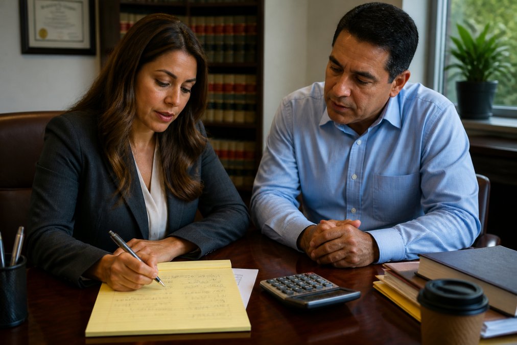 Handwritten damage calculations on a legal pad used for personal injury claims settlement estimates