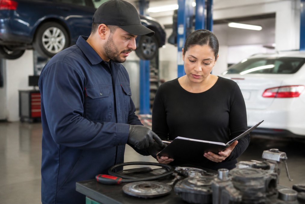 Professional technician in clean shop uniform reviewing detailed service records with customer while pointing to diagnostic equipment on workbench, natural shop lighting