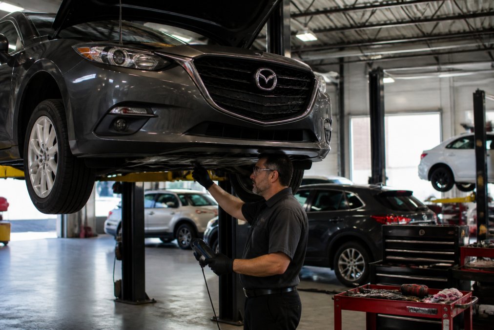 Mazda vehicle on lift with technician performing detailed inspection using diagnostic scanner, shop bays visible in background with proper lighting and organized workstation